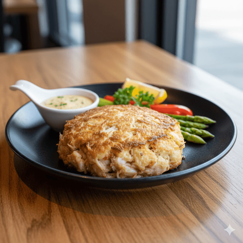 Broiled jumbo lump crab cake entree, Chowder Heads Jupiter Florida specialty