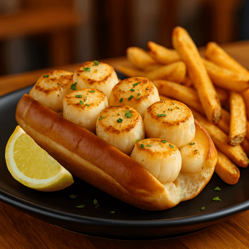 Fresh scallops pan-seared or fried on buttered roll, Chowder Heads FL