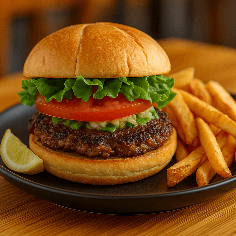Angus beef smash burger on kaiser roll at Jupiter Florida restaurant