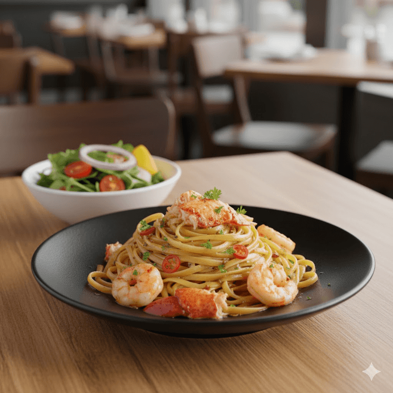 Garlic butter pasta with shrimp or lobster, Chowder Heads Jupiter Florida