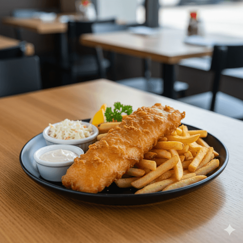 Atlantic cod fish and chips with fries, Chowder Heads Jupiter specialty