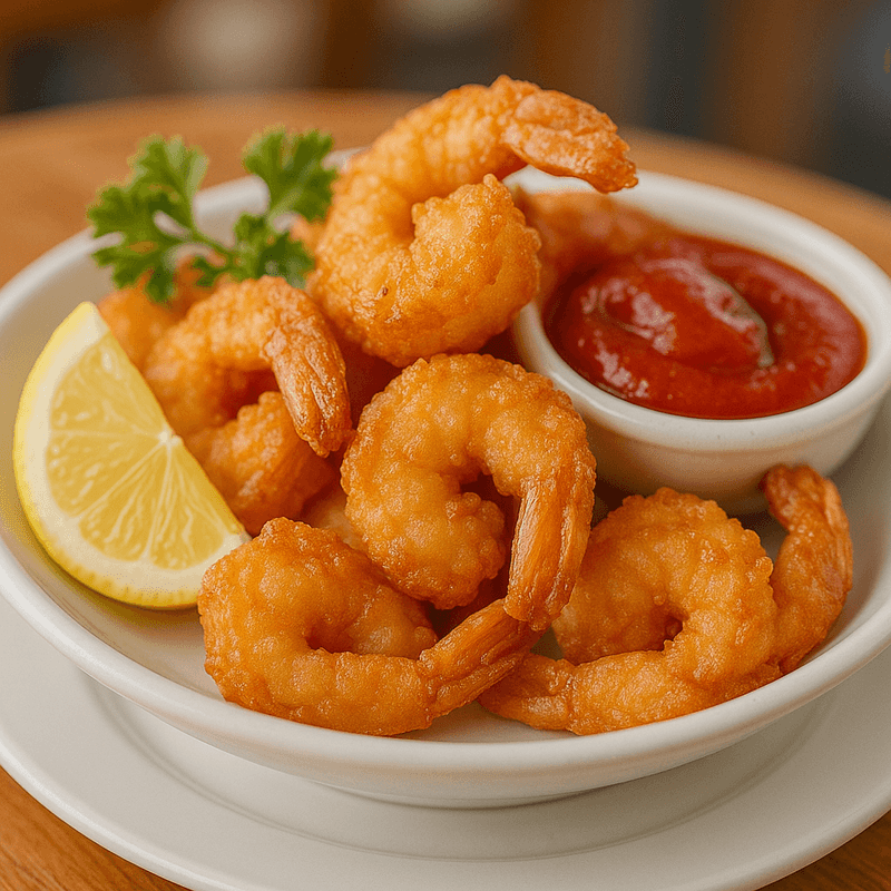 Hand-breaded golden fried shrimp with drawn butter - Jupiter FL seafood appetizer