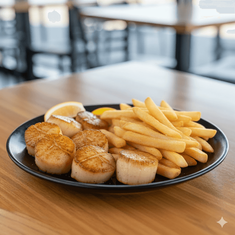 Pan-seared or fried scallops entree, Jupiter Florida seafood restaurant