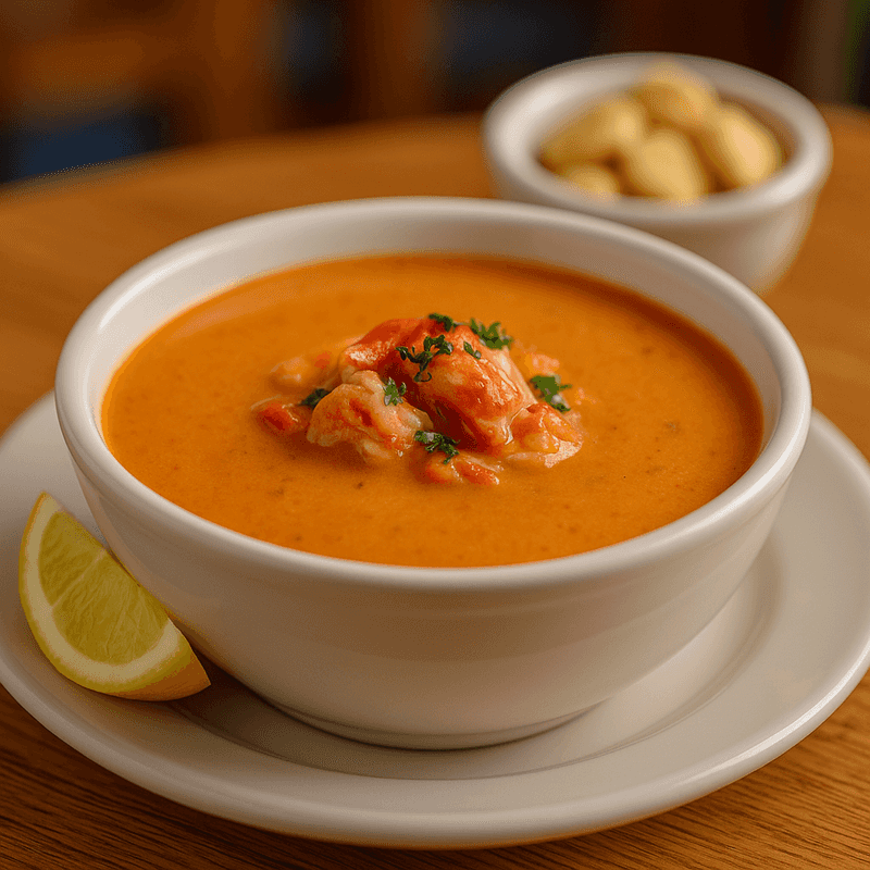 Rich creamy lobster bisque cup with sherry - Jupiter FL seafood specialty