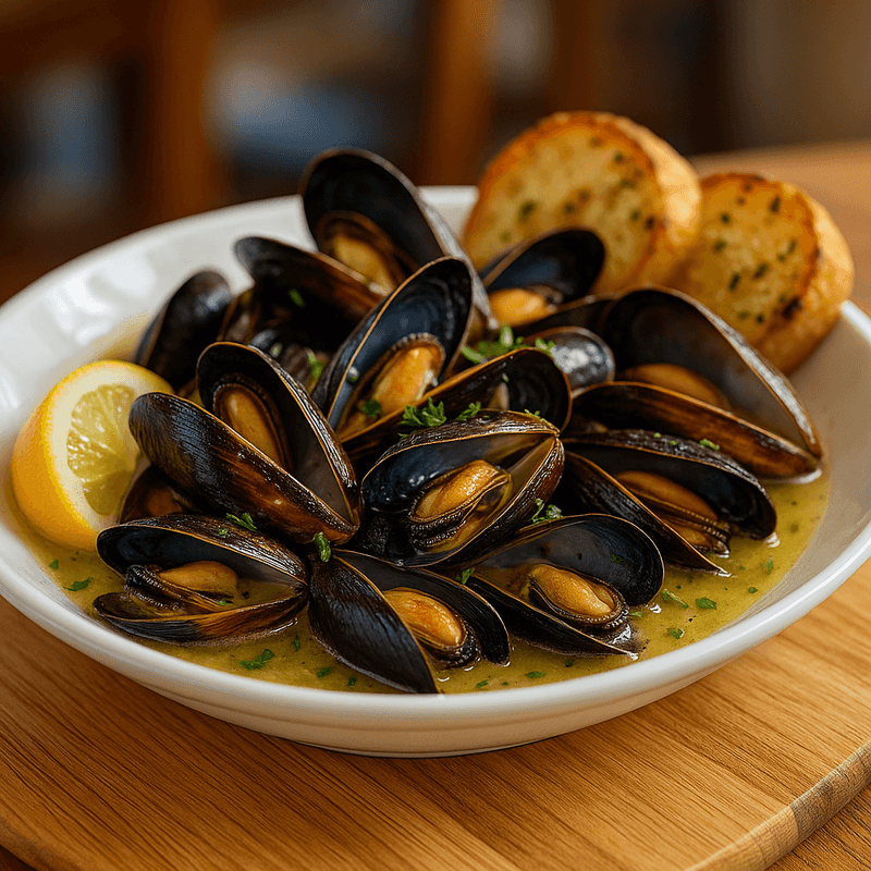 Steamed mussels in white wine butter sauce with garlic bread - Chowder Heads Jupiter FL
