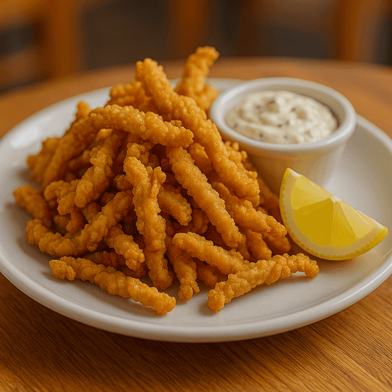Crispy golden-fried clam strips with tartar sauce - Chowder Heads Jupiter FL